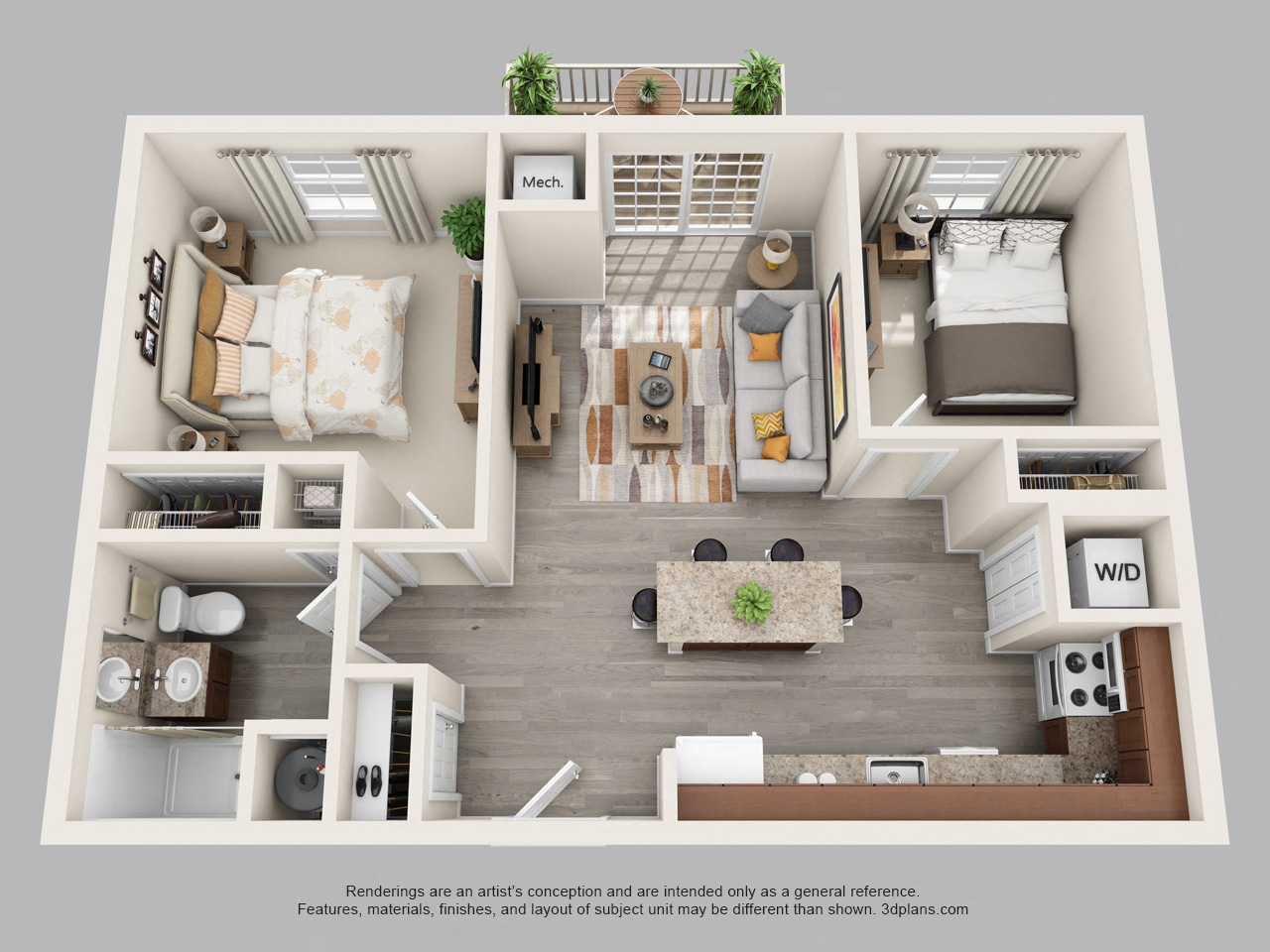 Floor plan for 2 beds, 1 bath, 853 sqft